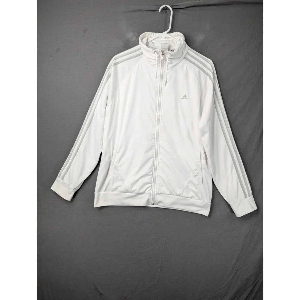 Adidas Climalite Track Jacket White Silver 3-Stripes Full Zip Mens Size L 5683